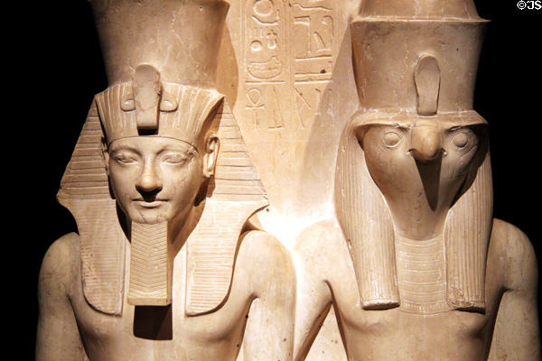 Ancient Egyptian statue of a King with god Horus at Kunsthistorisches Museum. Vienna, Austria.