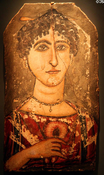 Egyptian mummy portrait of woman with garland (117-138) at Kunsthistorisches Museum. Vienna, Austria.