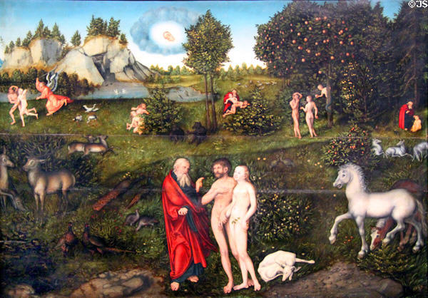 Paradise painting (1530) by Lucas Cranach the Elder at Kunsthistorisches Museum. Vienna, Austria.