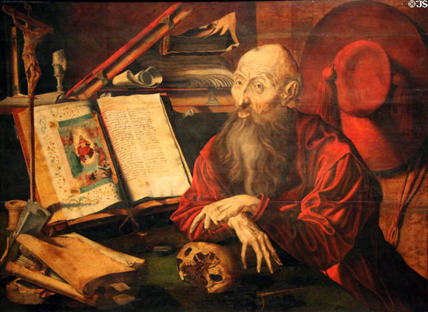 St Jerome in Cell painting (c1540-50) by Marinus van Reymerswaele at Kunsthistorisches Museum. Vienna, Austria.