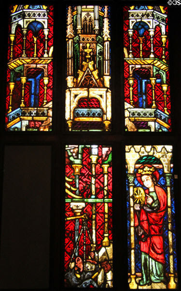 Michaels stained glass windows (c1370) from St Stephan Herzog's Chapel of Vienna at Historical Museum of City of Vienna. Vienna, Austria.