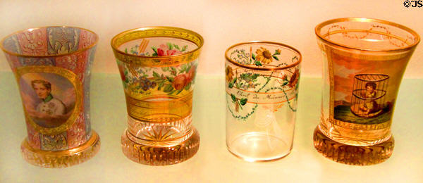 Decorated glass beakers (c1815-33) from workshop of Anton Kothgasser at Historical Museum of City of Vienna. Vienna, Austria.