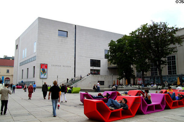 Leopold Museum (2001) in Museum Quarter displays Wiener Secession & Jugendstil paintings & decorative arts of the Austrian Expressionism movement. Vienna, Austria. Architect: Manfred Ortner & Laurids Ortner.