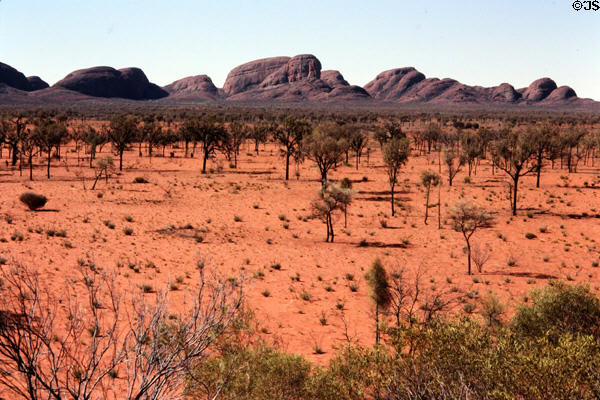 The Olgas tower over flat scrub around them. Australia.