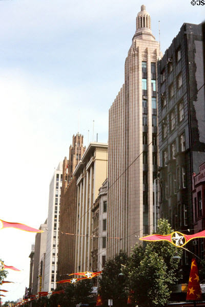 Highrises on Swanston Walk including near Century (1938) & far Manchester Unity (1932) buildings with towers. Melbourne, Australia.