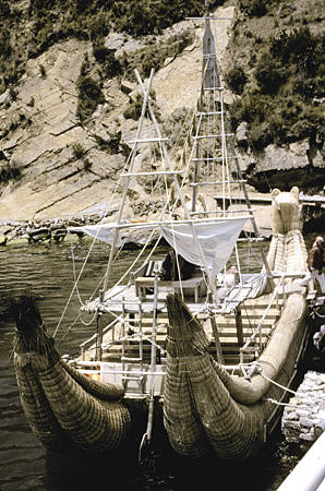 Reed boat docked at Sun Island. Bolivia.