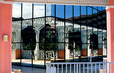 Reflections of walkways of Radisson Resort on Cable Beach. The Bahamas.