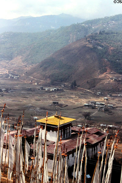 Rinpung Dzong & valley viewed from national museum in Paro. Bhutan.