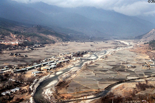 View of Paro situated along a river from National museum. Bhutan.