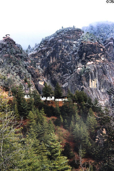 Takstang, Tiger's Nest, on side of mountains surrounding Paro. Bhutan.