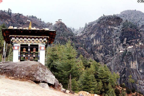 Bells marking entrance to Takstang Monastery above Paro. Bhutan.