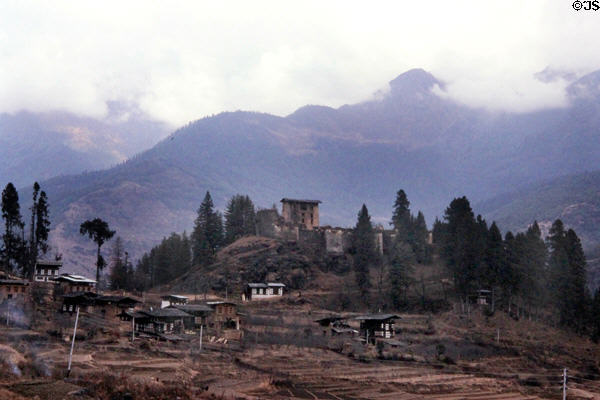Scene in upper Paro valley with ruins of Drugyel Dzong. Bhutan.