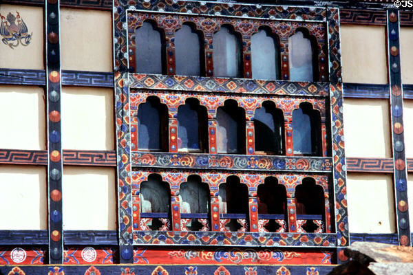 Intricately painted window of a house in Paro. Bhutan.
