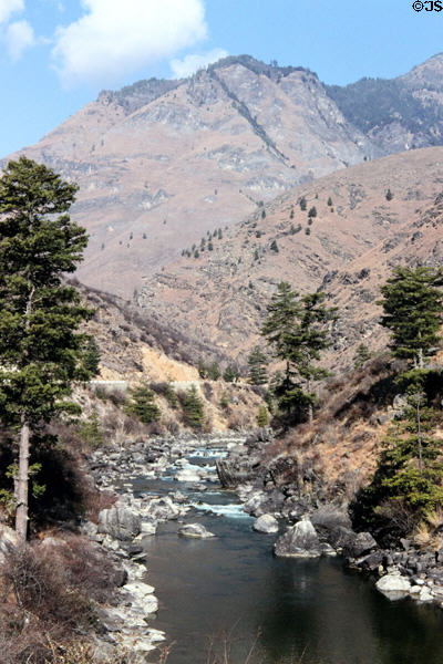 River running to Chhuzom after leaving Paro for Thimpu. Bhutan.