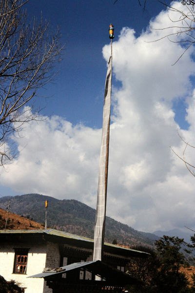 Prayer flags on top of Simtokha Dzong, Thimpu. Bhutan.
