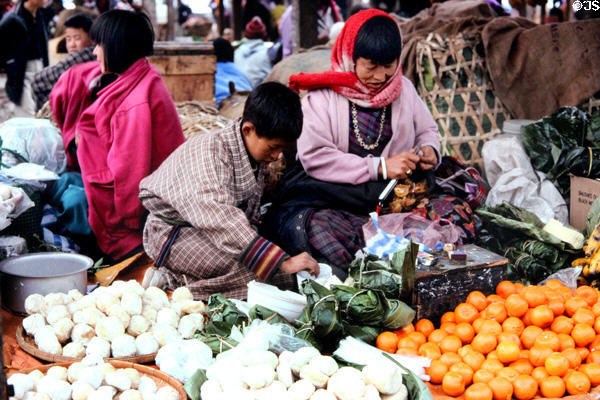 Cheeses & vegetables being sold at Thimpu Saturday market. Bhutan.