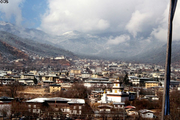 Mountains & clouds surround Thimpu. Bhutan.