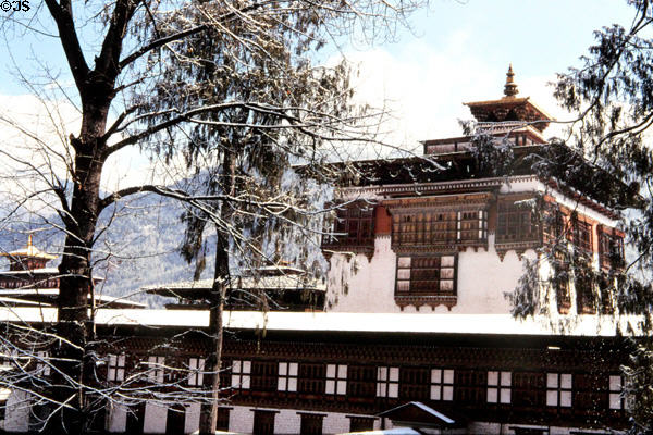 Snowy roof of Tashichho Dzong in Thimpu. Bhutan.