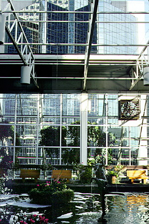 Windows show Calgary skyscrapers around Devonian Gardens. Calgary, AB.