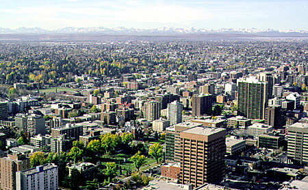 View southwest from Calgary Tower to Rockies. Calgary, AB.
