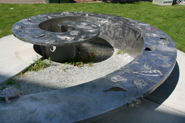 Natural Language bench (2000) by Jennifer Macklem & Kip Jones outside Kelowna Library. Kelowna, BC.