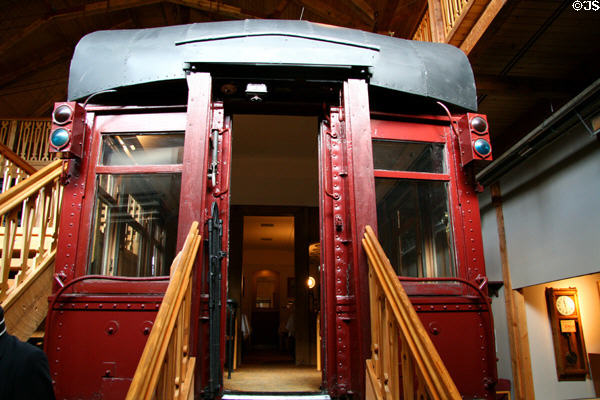 Rear entrance of CPR Business Car #4 at Revelstoke Railway Museum. Revelstoke, BC.