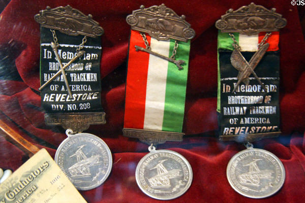 Brotherhood of Trackmen union ribbons at Revelstoke Railway Museum. Revelstoke, BC.