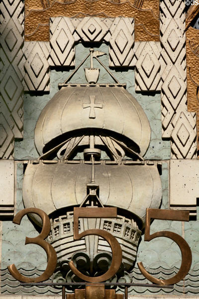 Captain George Vancouver's ship on Marine Building. Vancouver, BC.