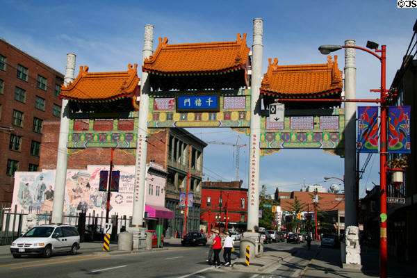 Vancouver Chinatown entrance gates across Pender Street first used at Expo 86. Vancouver, BC.