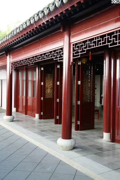 Red building front in gardens of Dr. Sun Yat-Sen Chinese Garden. Vancouver, BC.