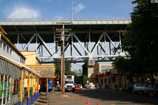Granville Island bridge over Granville Island Market. Vancouver, BC.