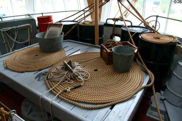 Coiled ropes on deck of RCMP St. Roch at Vancouver Maritime Museum. Vancouver, BC.