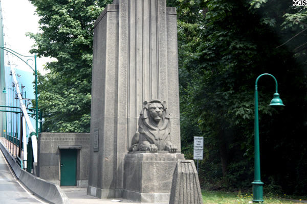 Sculpted Lion (1938) at entrance to Lions Gate Bridge. Vancouver, BC.