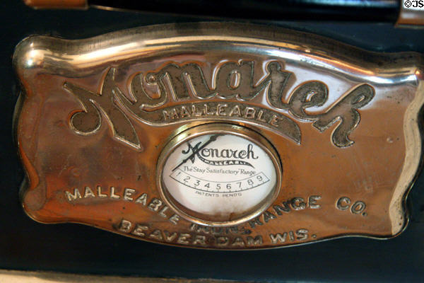 Monarch stove plate by Malleable Iron Range Co. of Beaver Dam, Wis. at Roedde House Museum. Vancouver, BC.