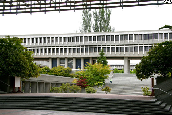 Stairways leading to Academic Quadrangle of Simon Fraser University. Vancouver, BC.