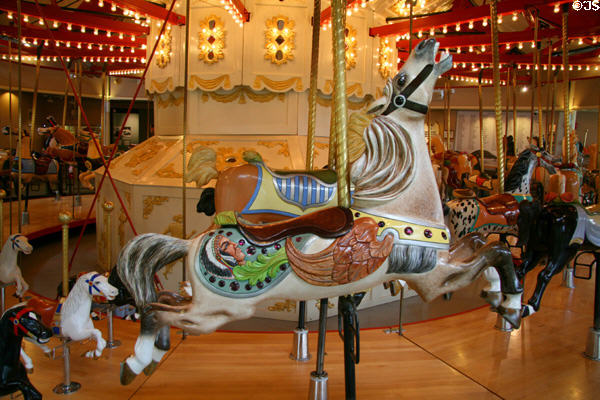 Horse with Indian blanket on C.W. Parker Carousel at Burnaby Village Museum. Burnaby, BC.