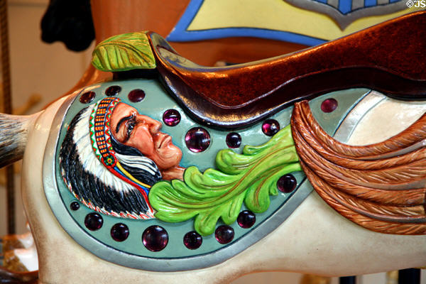 Indian carving detail on C.W. Parker Carousel at Burnaby Village Museum. Burnaby, BC.