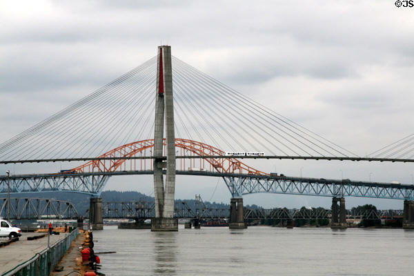 Rail, King George Highway & SkyTrain transit Bridges over Fraser River. New Westminster, BC.