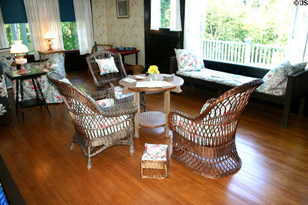 Living room with wicker furniture at Campobello. NB.