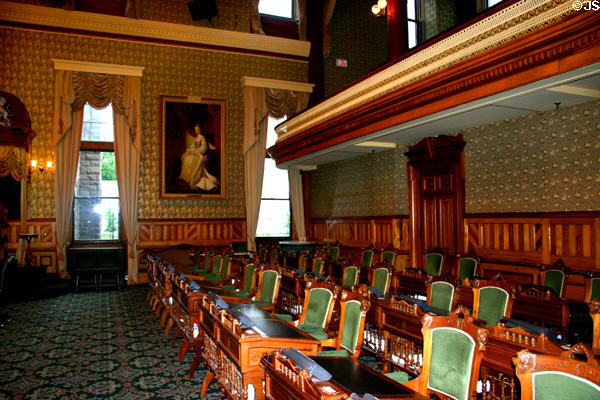 Parliamentarian desks in NB Legislature. Fredericton, NB.