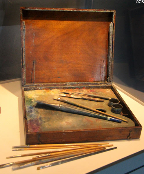 Wooden paint box & artist tools of Lawren Harris at McMichael Gallery. Kleinburg, ON.