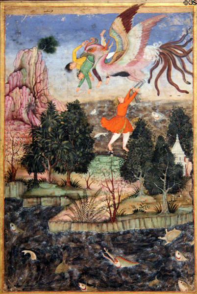 Young Men Carried Off by a mythical Simurgh watercolor (possibly c1325) from India at Aga Khan Museum. Toronto, ON.