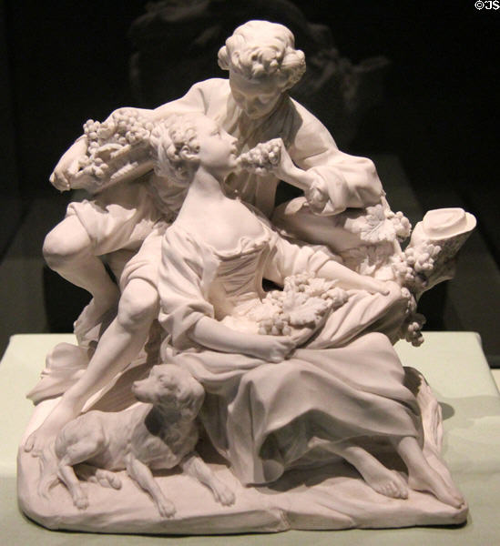 Porcelain figurine of couple eating grapes after painting by François Boucher (after 1752) by Royal Porcelain of Vincennes, France in private collection. ON.