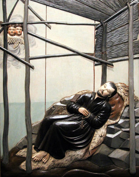 Death of St Francis Xavier wood sculpture (c1811-2) by Des Écores Workshop of Quebec at Montreal Museum of Fine Arts. Montreal, QC.