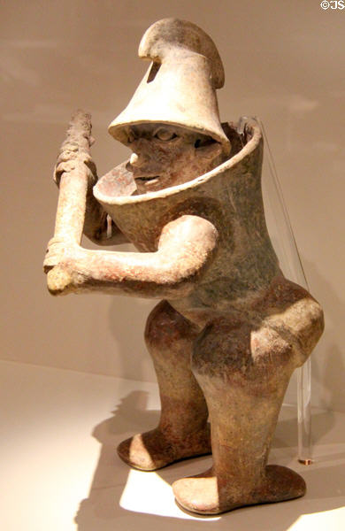 Polychrome painted terracotta standing warrior (200-600) from Jalisco, Mexico at Montreal Museum of Fine Arts. Montreal, QC.