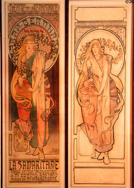 Samaritaine poster featuring Sarah Bernhardt lithograph beside original design (1897) by Alphonse Mucha at Mucha Museum. Prague, Czech Republic.
