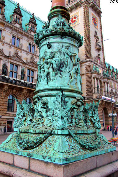 Base of flagpole with sailing ship on top at Hamburg City Hall plaza. Hamburg, Germany.