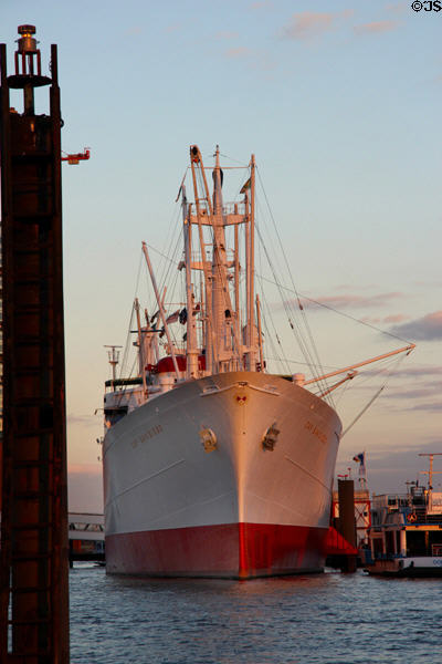 Prow of Museum Ship Cap San Diego on Elbe River at dusk. Hamburg, Germany.