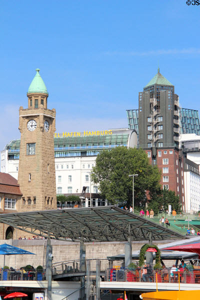 St Pauli Pier clock tower with buildings along Bernhard-Nocht on hill beyond. Hamburg, Germany.