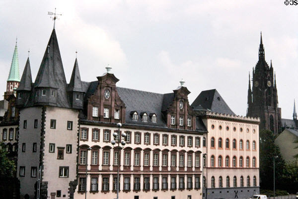 Saalhof, which once served as a customs house & now is the location of the Historical Museum, with Frankfurt Cathedral in background. One of oldest buildings in Frankfurt, Saalhof was destroyed during WWII and re-built post-war. Frankfurt am Main, Germany.